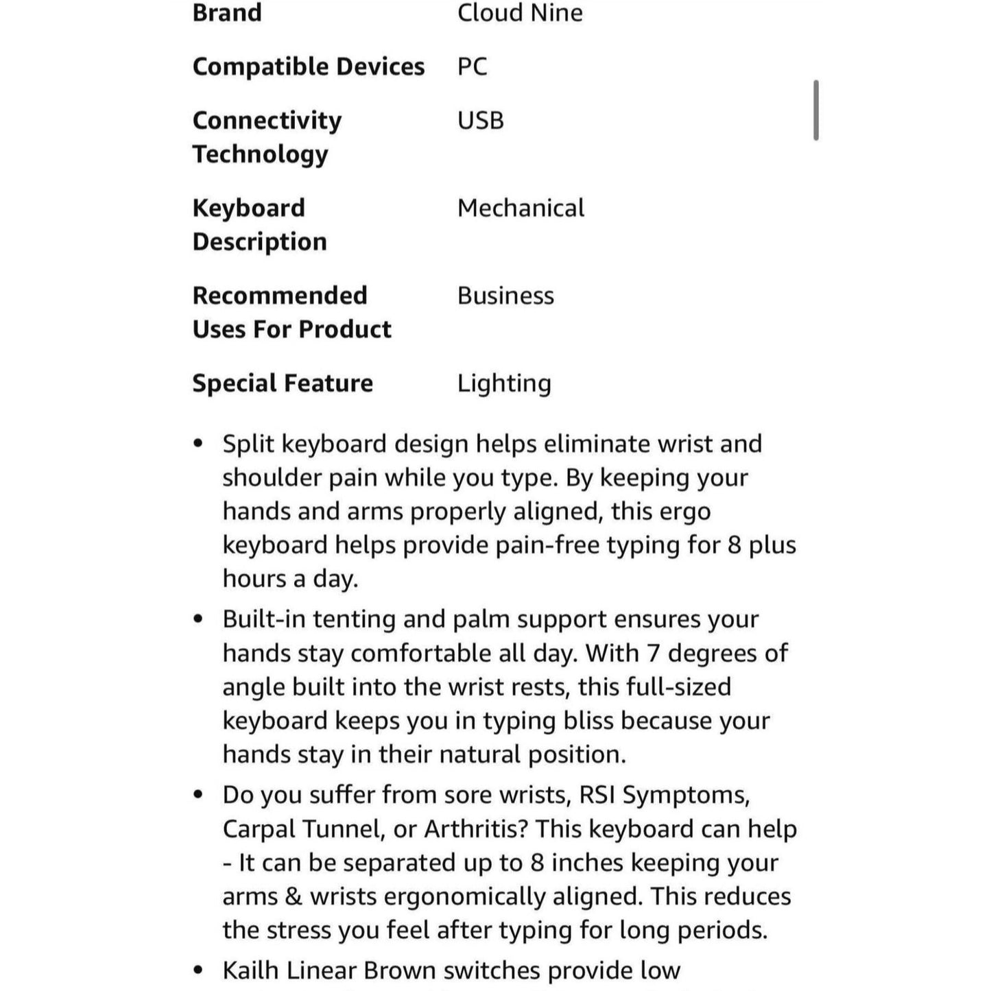 Cloud Nine C989M Ergonomic Mechanical Keyboard for PC - Kailh Tactile Brown Switches