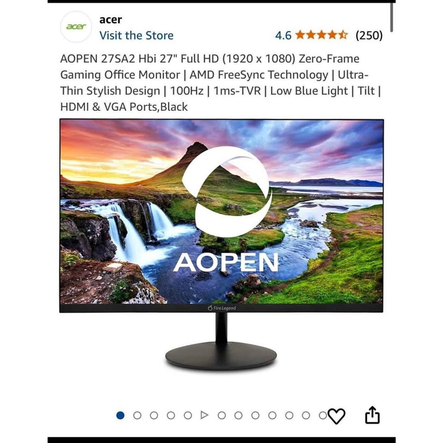 AOPEN 27SA2 27" Full HD (1920 x 1080) Zero-Frame Gaming Office Monitor | AMD FreeSync Technology | U