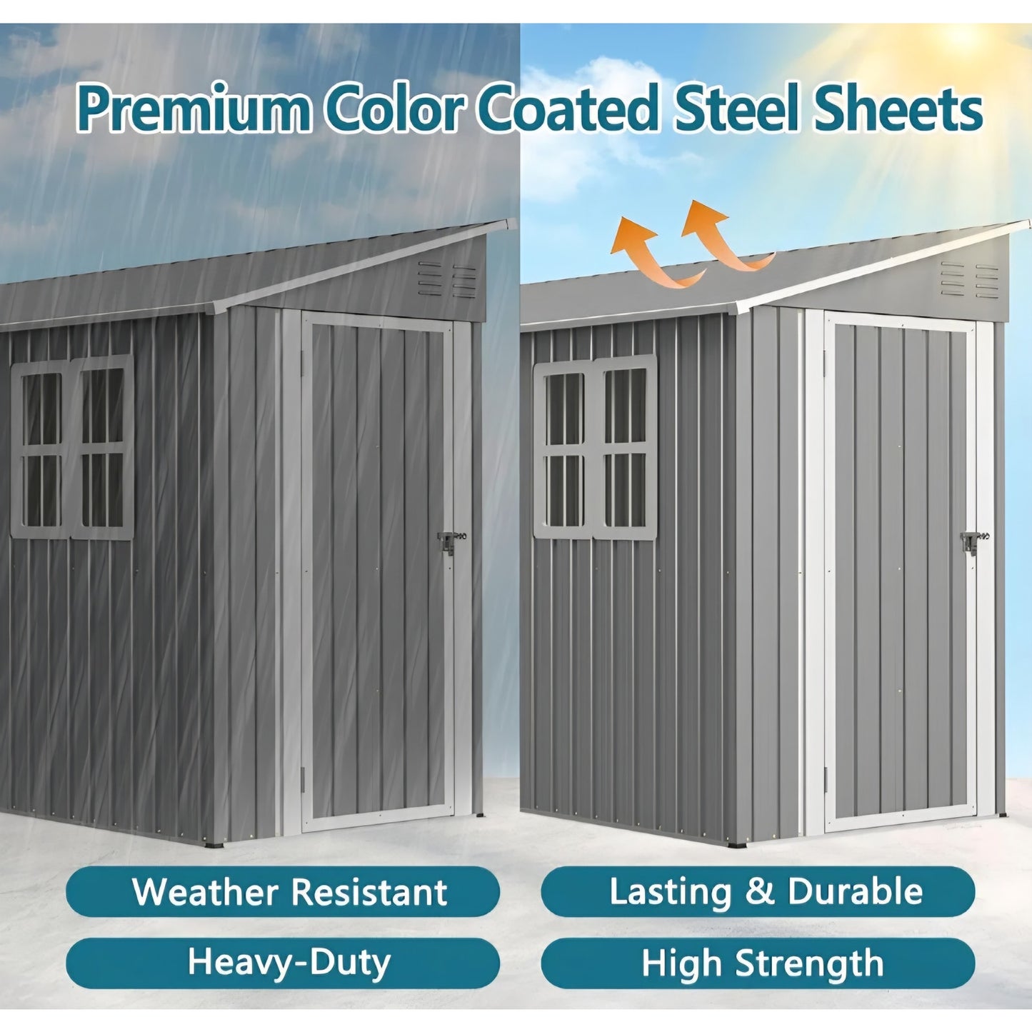 4x 10 FT Metal Outdoor Storage Shed with Windows and Foundation, Lean to Storage Sheds w/Lockable Door & Air Vents, All Weather Waterproof Garden Tool House for Backyard, Patio, Lawn, Gray