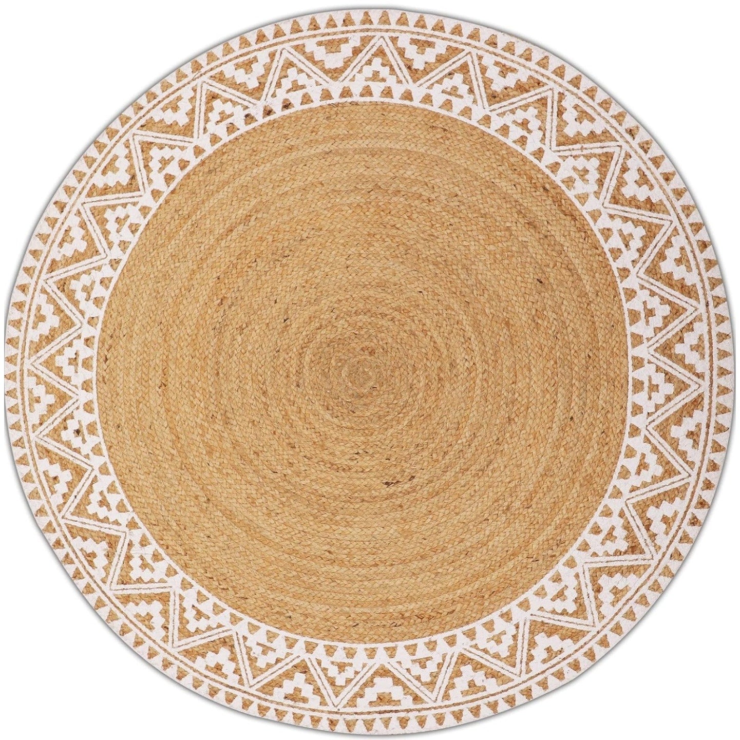 voyzz home Premium Quality Jute Braided Area Rug, 6-feet Round, White Printed Border,