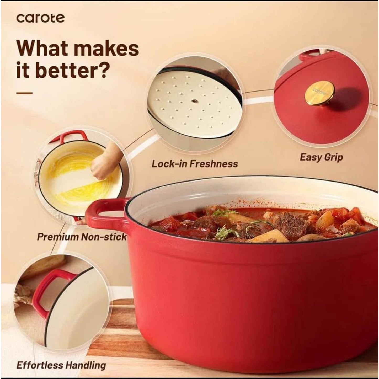 CAROTE Cast Iron Dutch Oven Pot with Lid, Enameled Dutch Oven for Bread Baking, Dual Handles, Heavy-