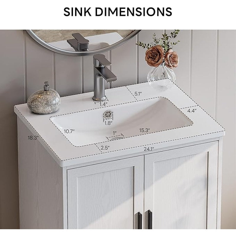 LIKIMIO 24" Bathroom Vanity with Ceramic Sink, Solid Wood Legs, 18.3"D x 24.1"W x 33.2"H, white