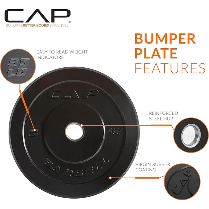 CAP Barbell Rubber Olympic Bumper Plate, ELITE, 55lbs - Single, Black