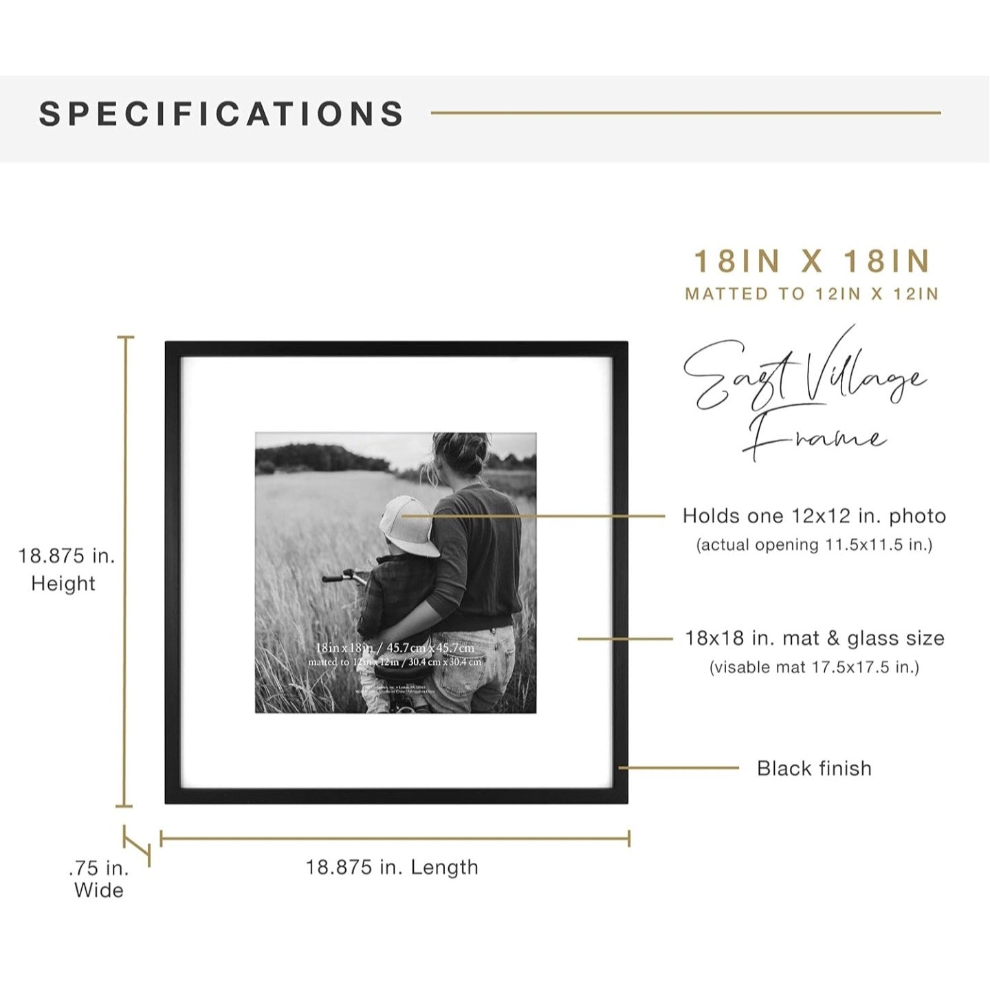 MCS East Village 18x18 Matted Square Picture Frame with 12x12 Photo Display, Black Wall Hangi