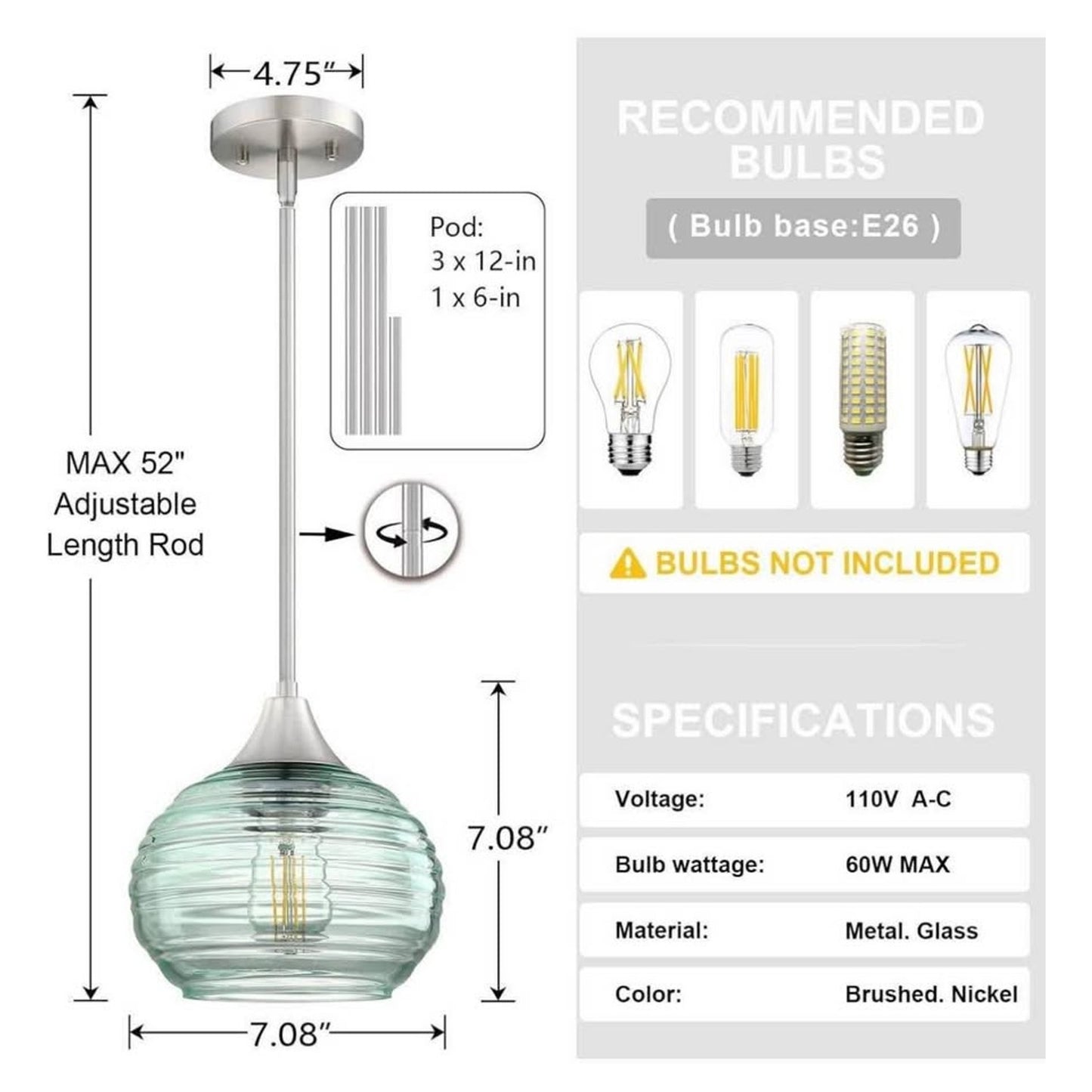2 Pack 1 Light Kitchen Island Hanging Pendant Light Farmhouse Dining 7" Green Glass Shade Light Fix