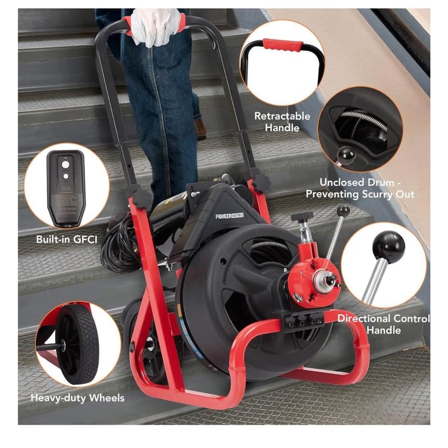 PIONEERWORKS 100Ft x 3/8In Drain Cleaner Machine, Auto-feed Professional 6.8A Electric Drain Auger,