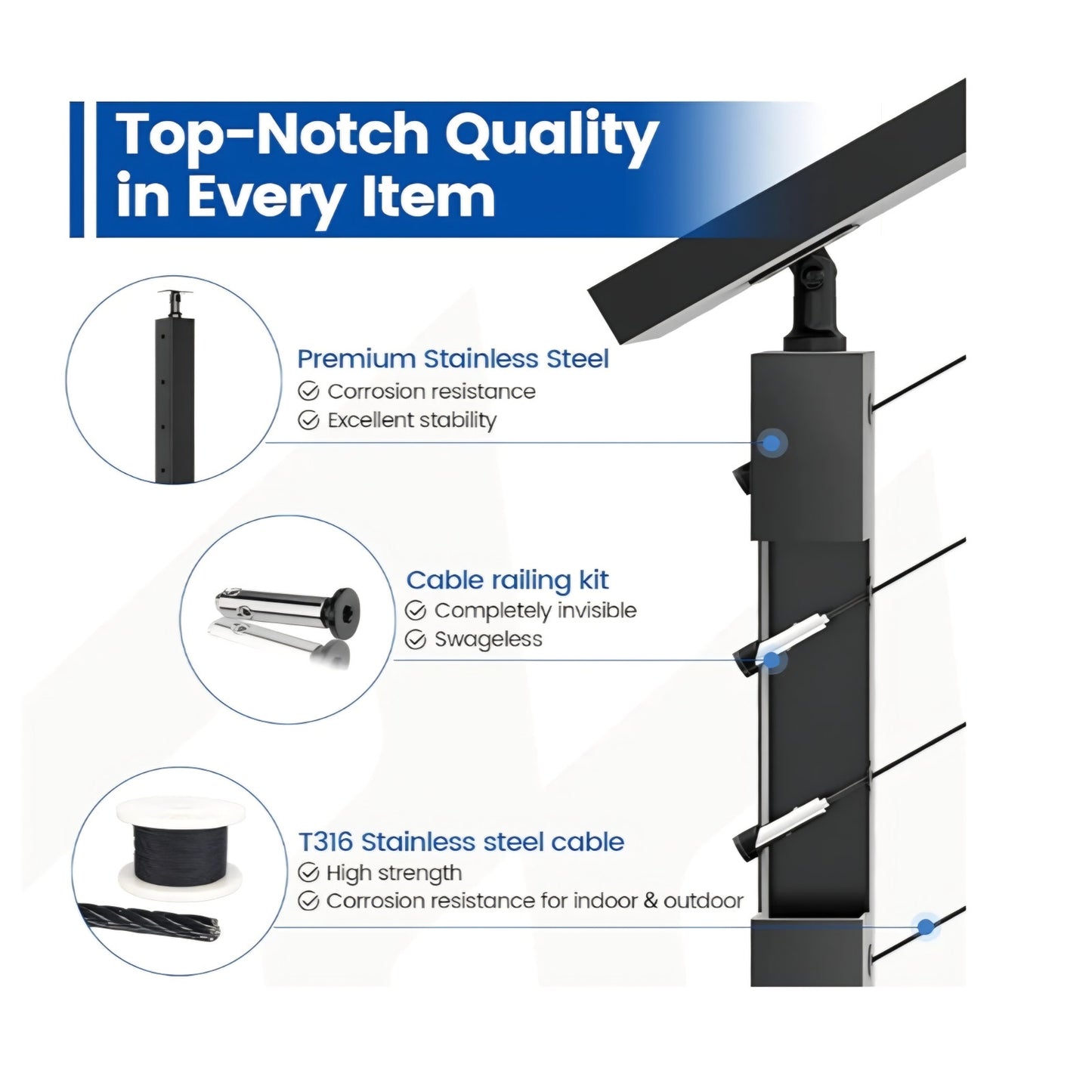 Muzata Black Corner Cable Railing Post 36 Inch 36"x2"x2" T-drilled One-Post Corner Solution Surface