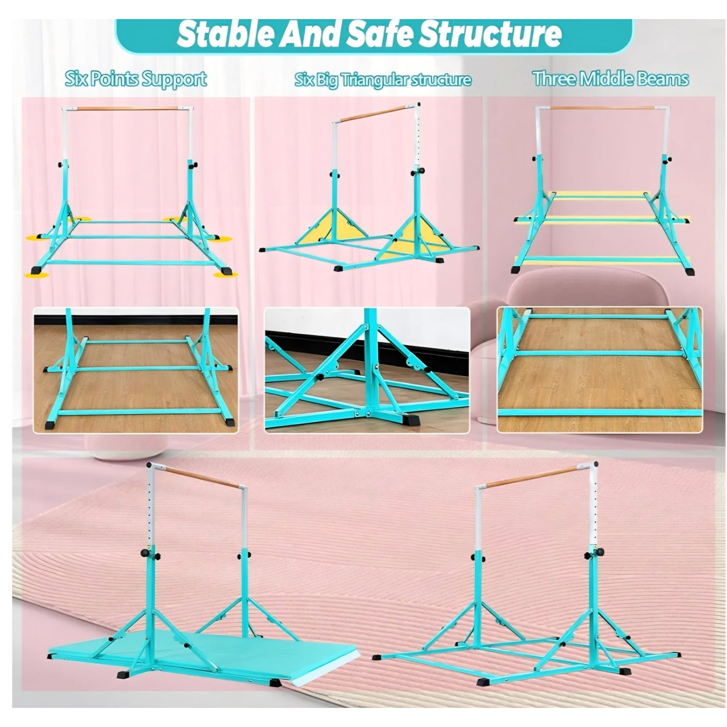 Gymnastic Bar for Kid and Teenage Ages 3-25, 5 FT / 6 FT Base Length, 5 FT / 6 FT Heigh