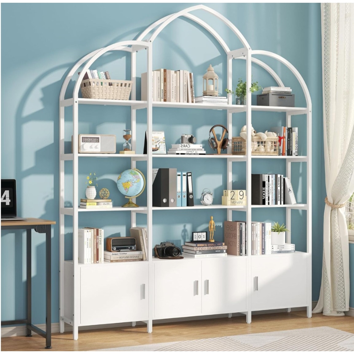Semoic Arched Bookshelf and Bookcase with 3 Cabinets, Triple Wide 5 Tier Standing Book Shelf,