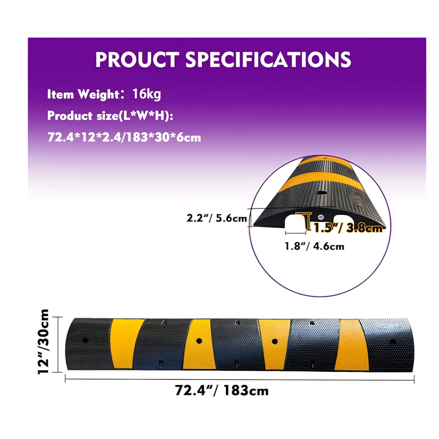 Rubber Speed Bump 6 Feet Rubber Driveway Modular Heavy Duty Speed 72.4 x 12 x 2.4 Inch Cable