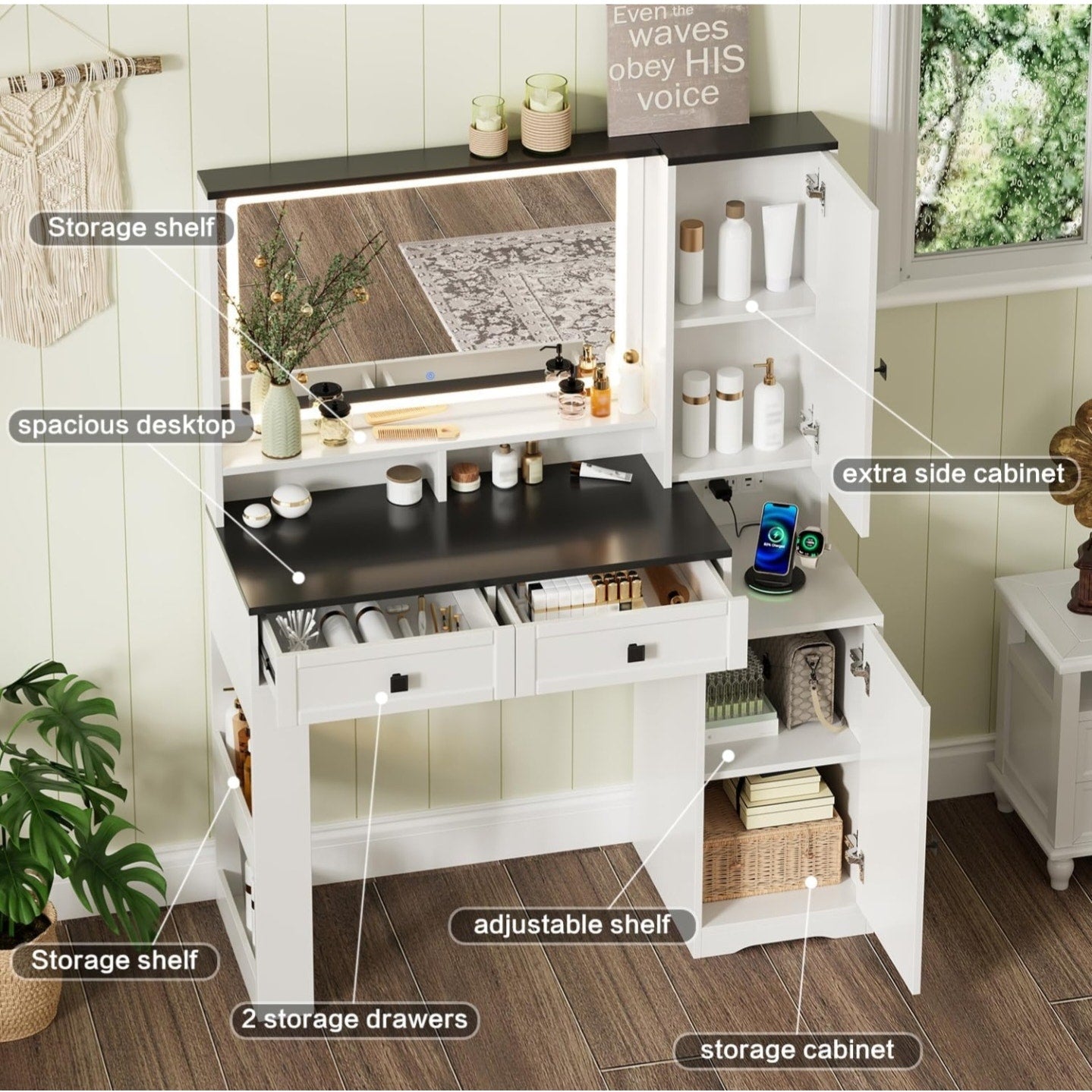 Farmhouse Makeup Vanity Desk with Mirror and Lights,Glass Top Vanity Desk with Power Outlet,Makeup