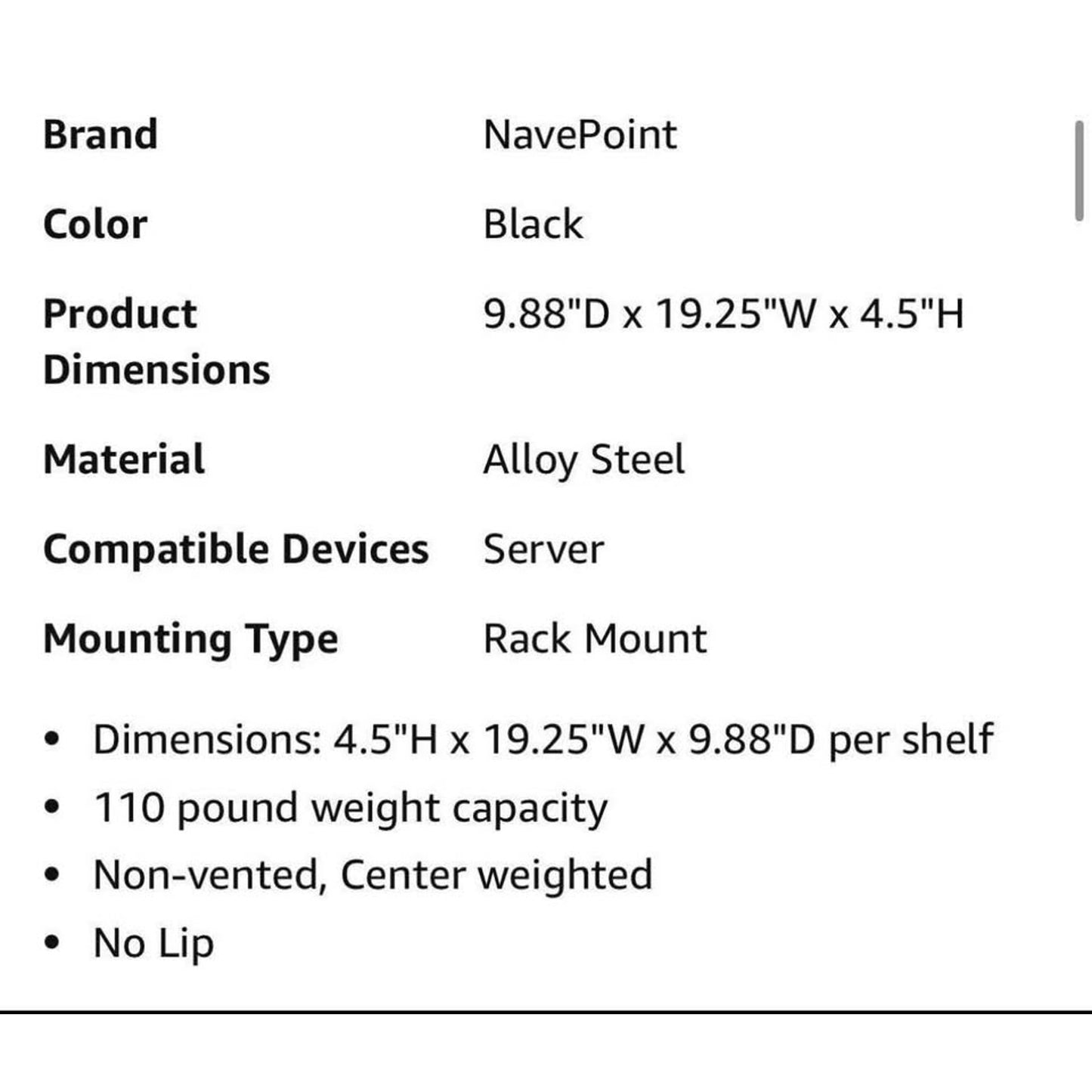 NavePoint Cantilever Server Shelf Rack Mount 19 Inch 2U Black 2 Piece Set Center Weighted
