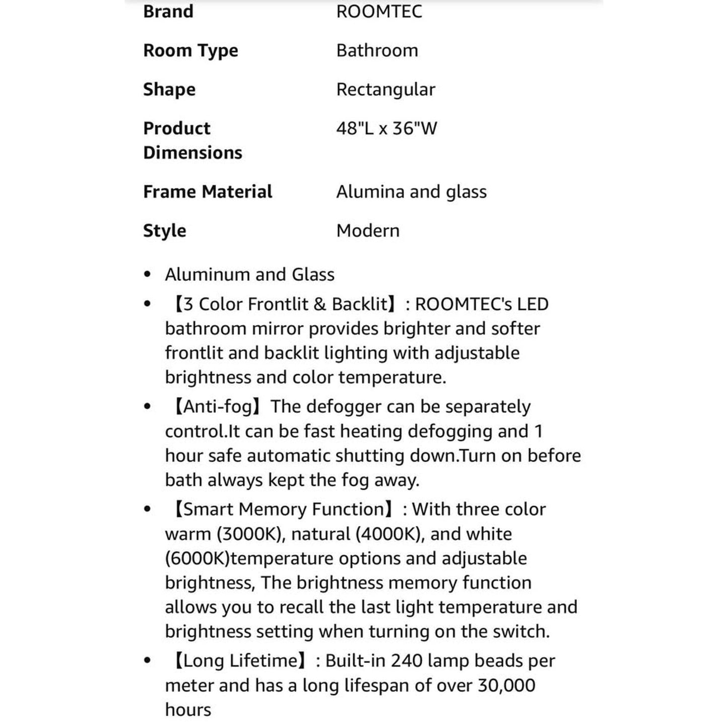 ROOMTEC 48 x 36 Inches LED Bathroom Mirror with Front and Backlit,Anti-Fog,3 Colors and Dimmable Lig
