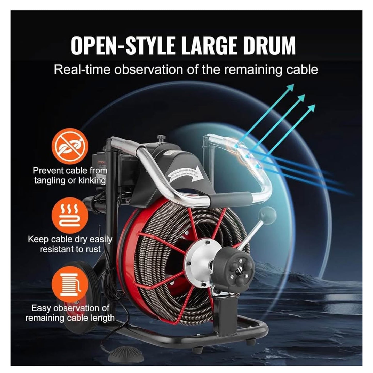 VEVOR Drain Cleaner Machine 100FT x 1/2 Inch, Auto Feed Sewer Snake Auger on Wheels, 550W Portable D