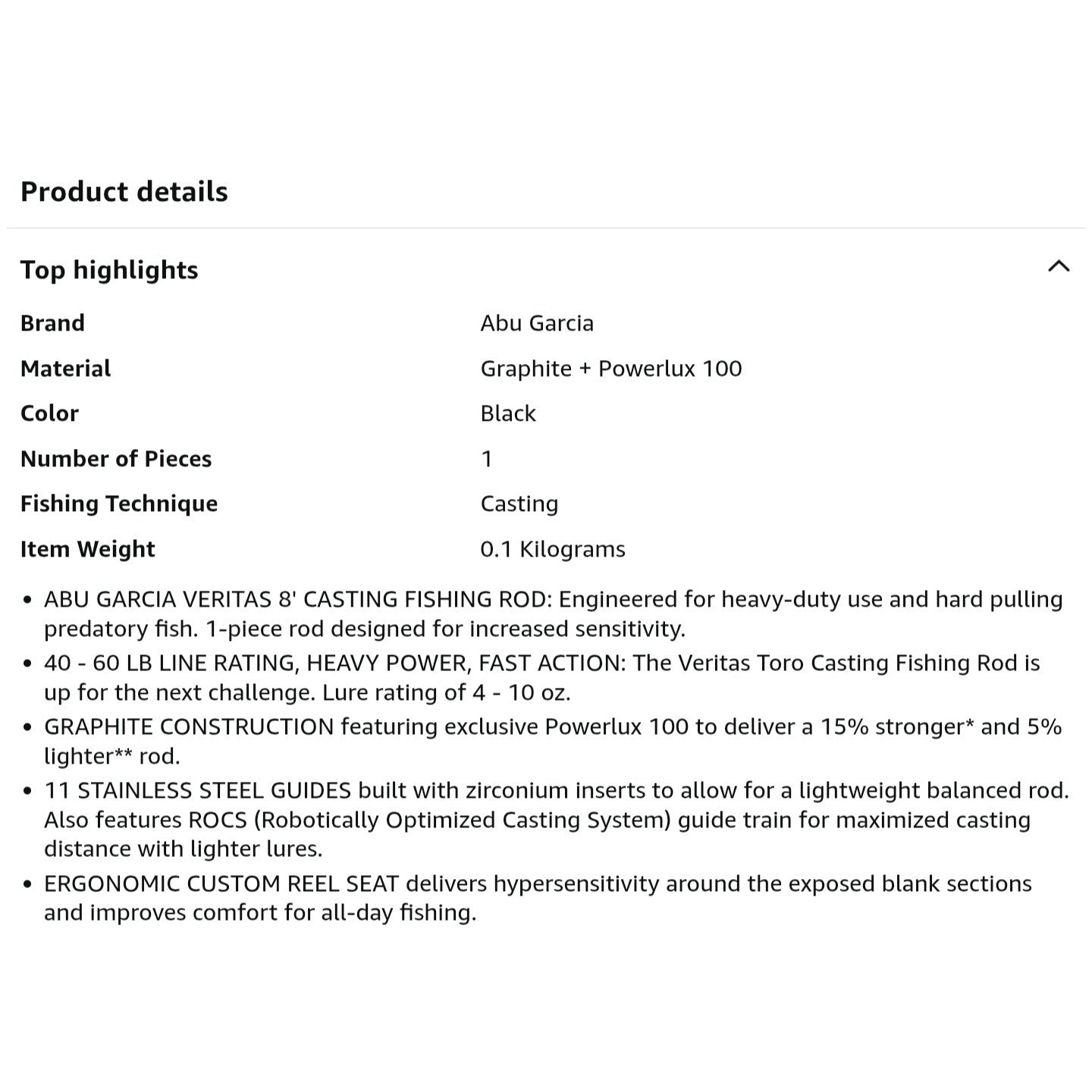Abu Garcia Veritas Casting BFS Fishing Rod, Balanced and Lightweight Rod, Powerlux 100 Construction, Custom Ergonomic Reel Seat
