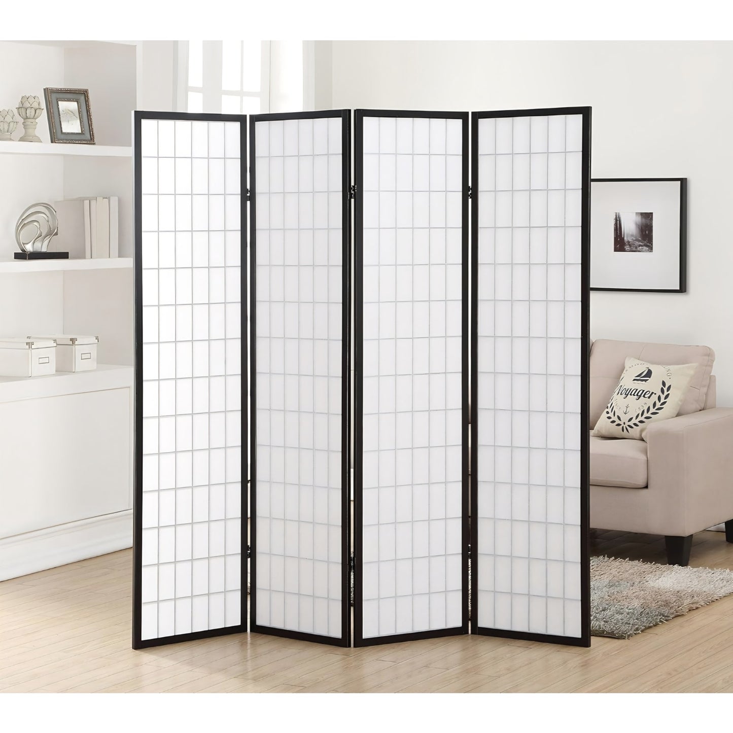 Roundhill Furniture Oriental Shoji 4 Panel Screen Room Divider, Black