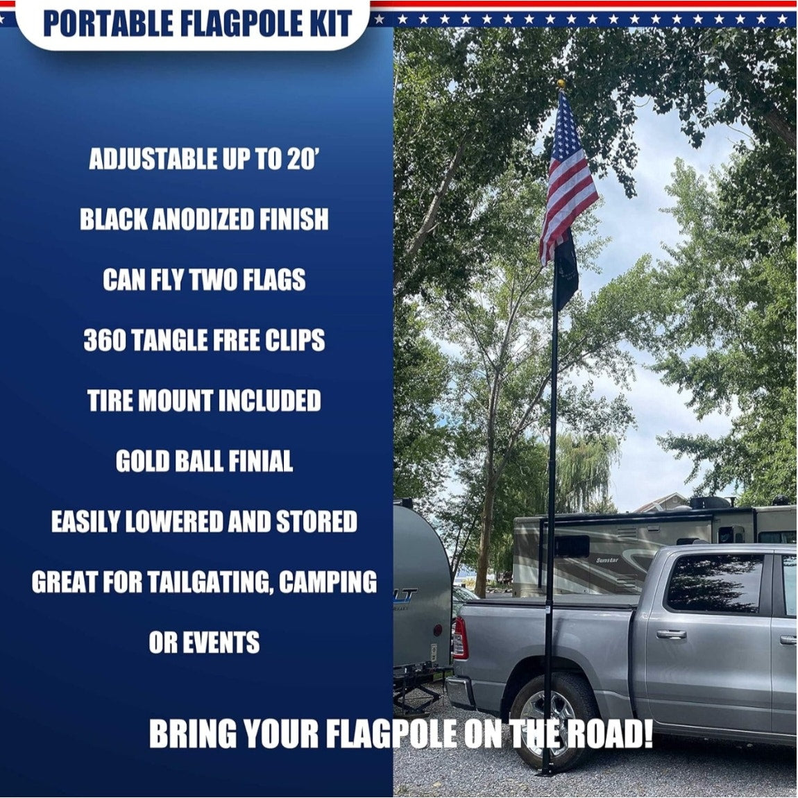 Service First Black Complete Tailgate Flag Pole Package 20FT Black with Stainless Steel Tire Mount