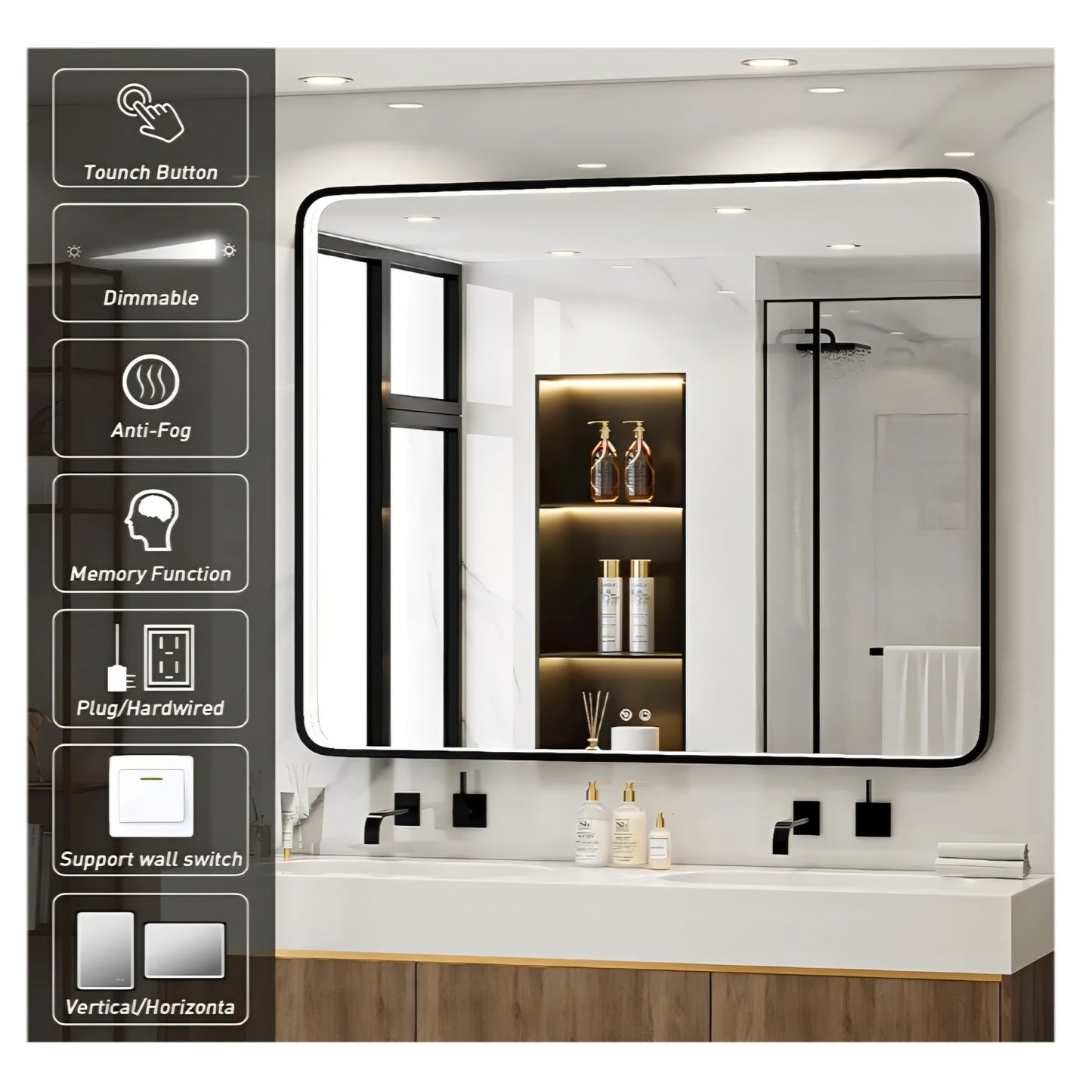 43X36 Inch Black LED Bathroom Mirror with Lights,Metal Frame Lighted Vanity Mirror,Anti Fog,Dimmabl