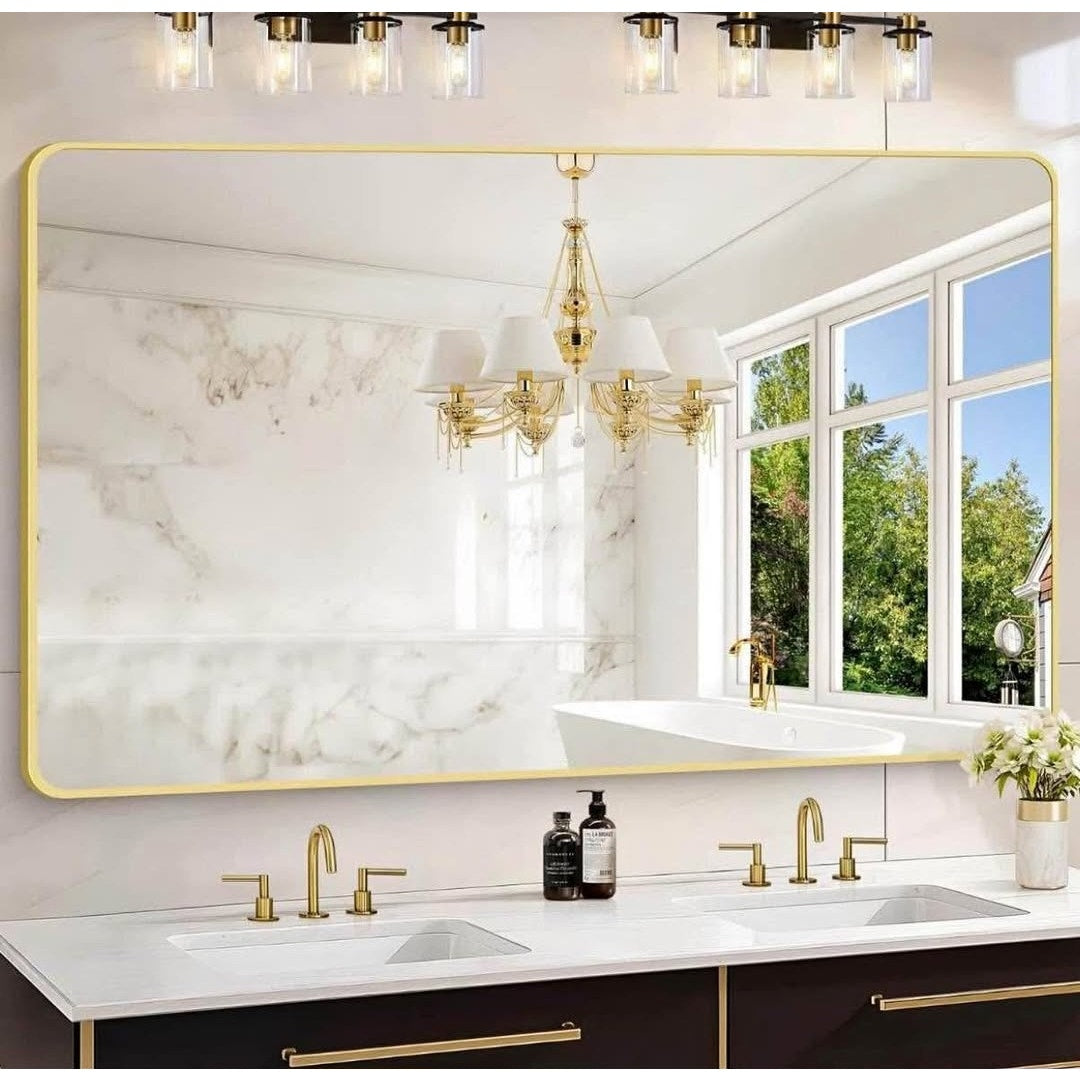 55"x36" Gold Bathroom Mirror, Large Rectangle Mirror, Rectangular Wall Mirror, Rounded Corner Vanit