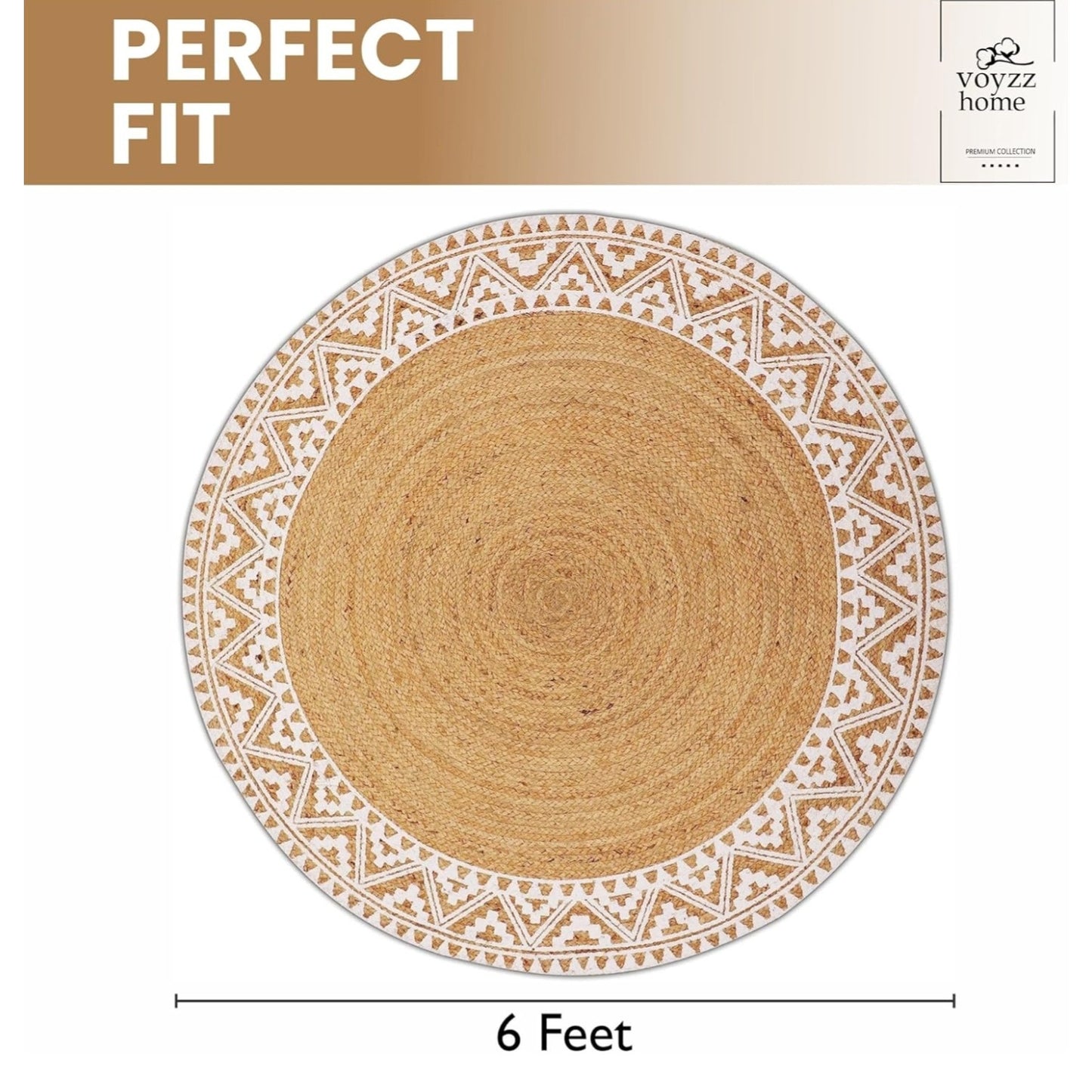 voyzz home Premium Quality Jute Braided Area Rug, 6-feet Round, White Printed Border,