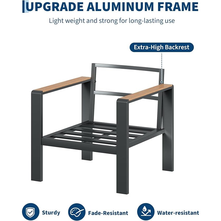 Garvee Aluminum Patio Furniture Set 4 Seats, Generous Outdoor Sectional, Washable Thick. Dark Grey