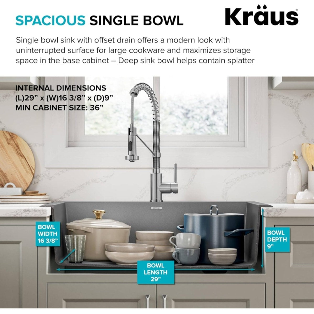 KRAUS Forteza 33-inch Drop In/Undermount Single Bowl Granite Kitchen Sink in Grey, KGD-54GREY