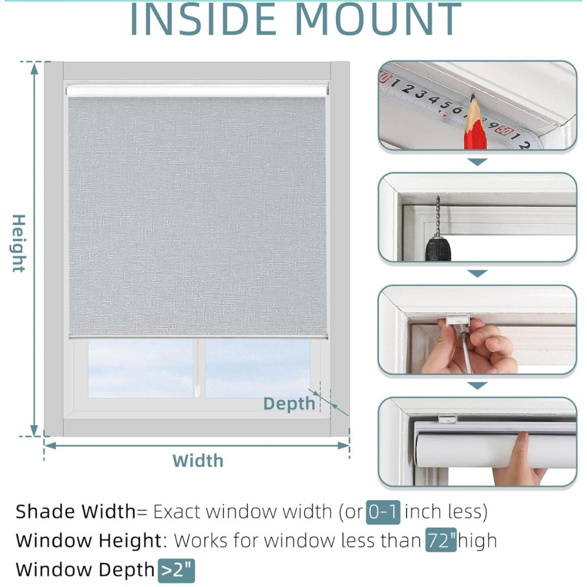 ChrisDowa Cordless 100% Blackout Roller Shade. Light Grey, 56"W x 72"H