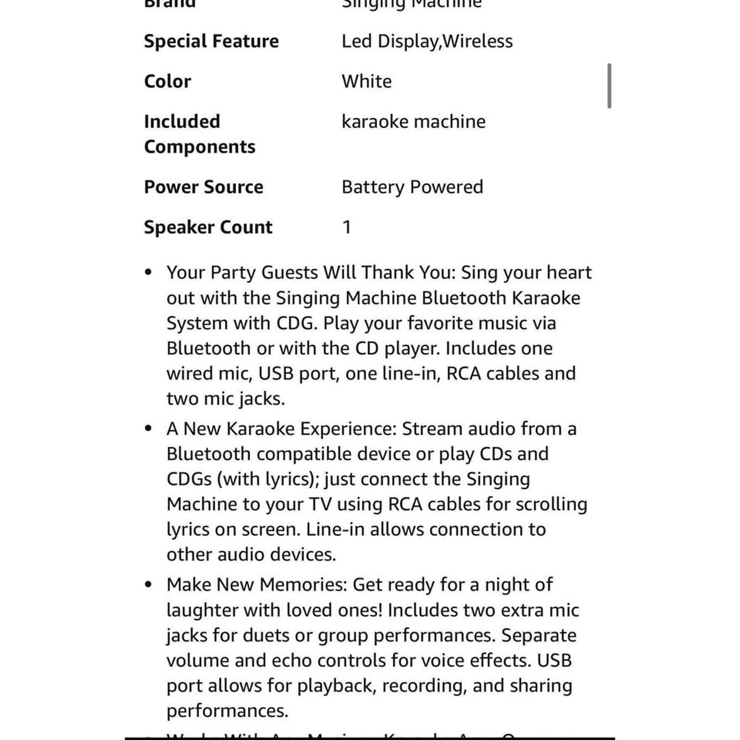 Singing Machine Portable Karaoke Machine for Adults & Kids with Wired Microphone, White - Built-In S