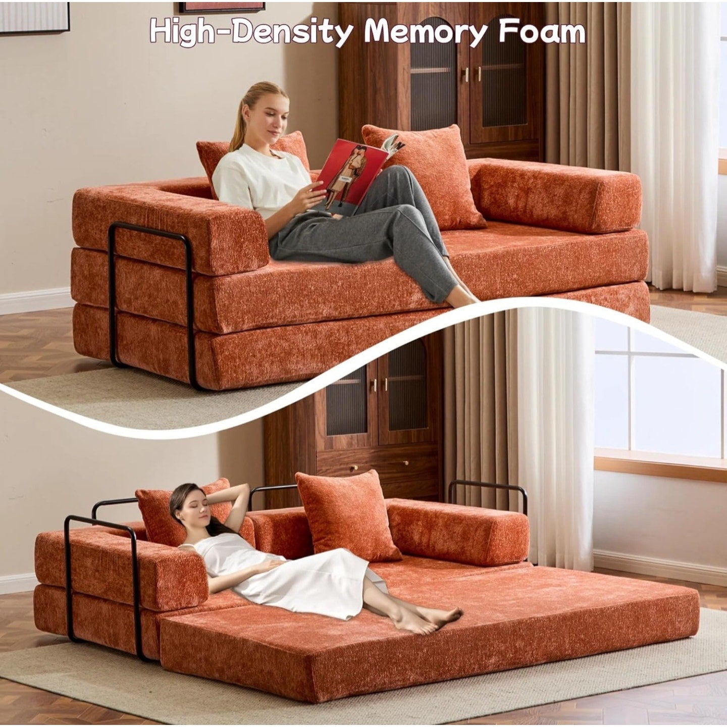 Convertible Floor Sofa Bed, Foldable Mattress Cloud Couch with Pillow Back & Armrest, Chenille Sleeper Sofa Bed with Fixed-Shape Frame, Compressed Couch for Living