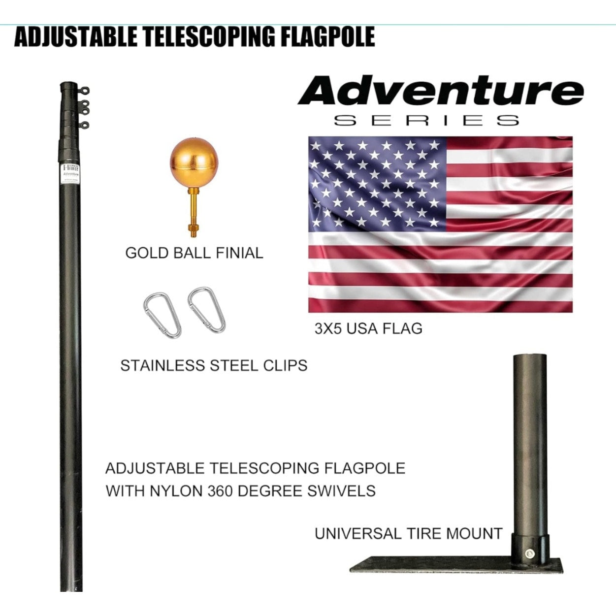 Service First Black Complete Tailgate Flag Pole Package 20FT Black with Stainless Steel Tire Mount
