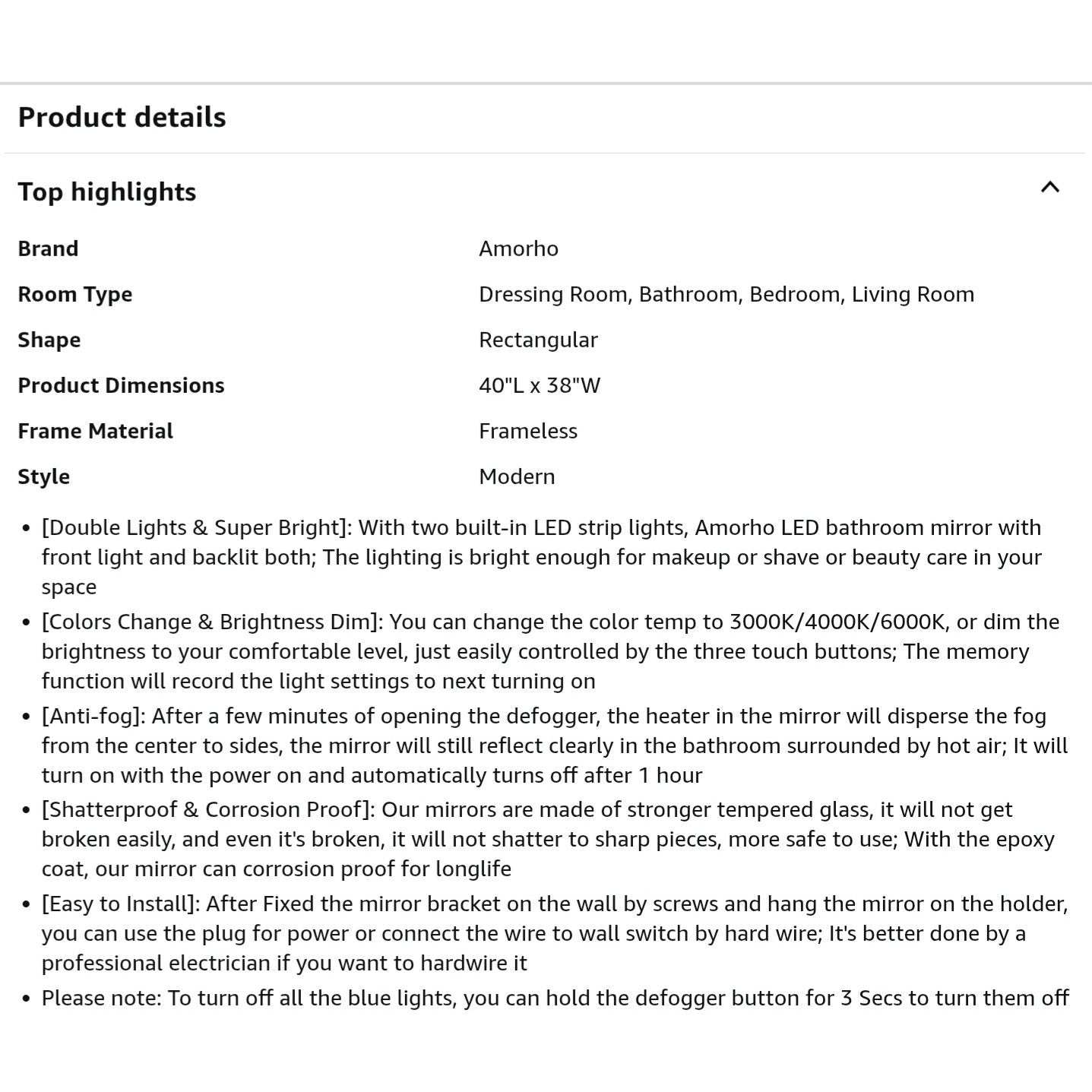 Amorho LED Mirror for Bathroom 40"X38" with Front Light and Backlit, Stepless Dimmable, Anti-Fog,