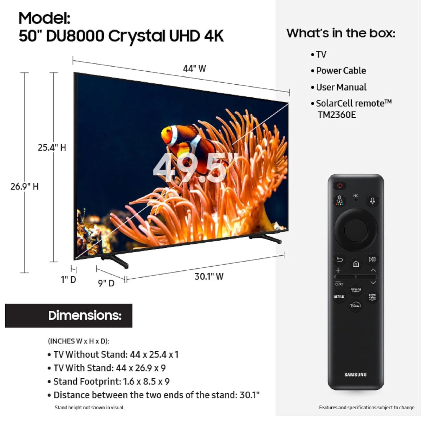 Samsung 50-Inch Class 4K Crystal UHD DU8000 Series HDR Smart TV w/Object Tracking Sound Lite, Motion Xcelerator, Ultra Slim Design, Gaming Hub, Alexa Built-in (UN50DU8000, 2024 Model)