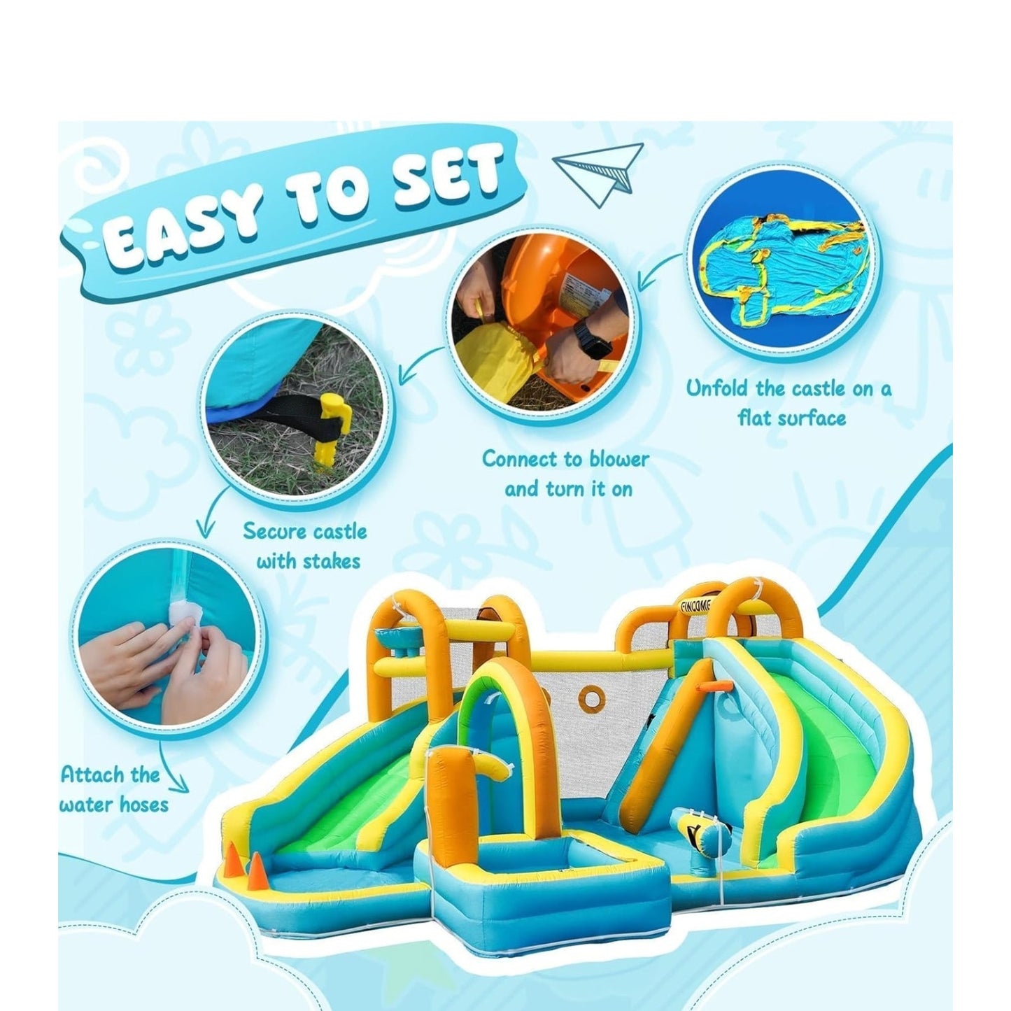 Inflatable Water Slide, Bounce House with 2 Slide for Kids, Inflatable Waterslide Park with Splash Pool, Basketball Hoop, Ball Shooting & Water Cannon for Backyard, Outdoor, Indoor
