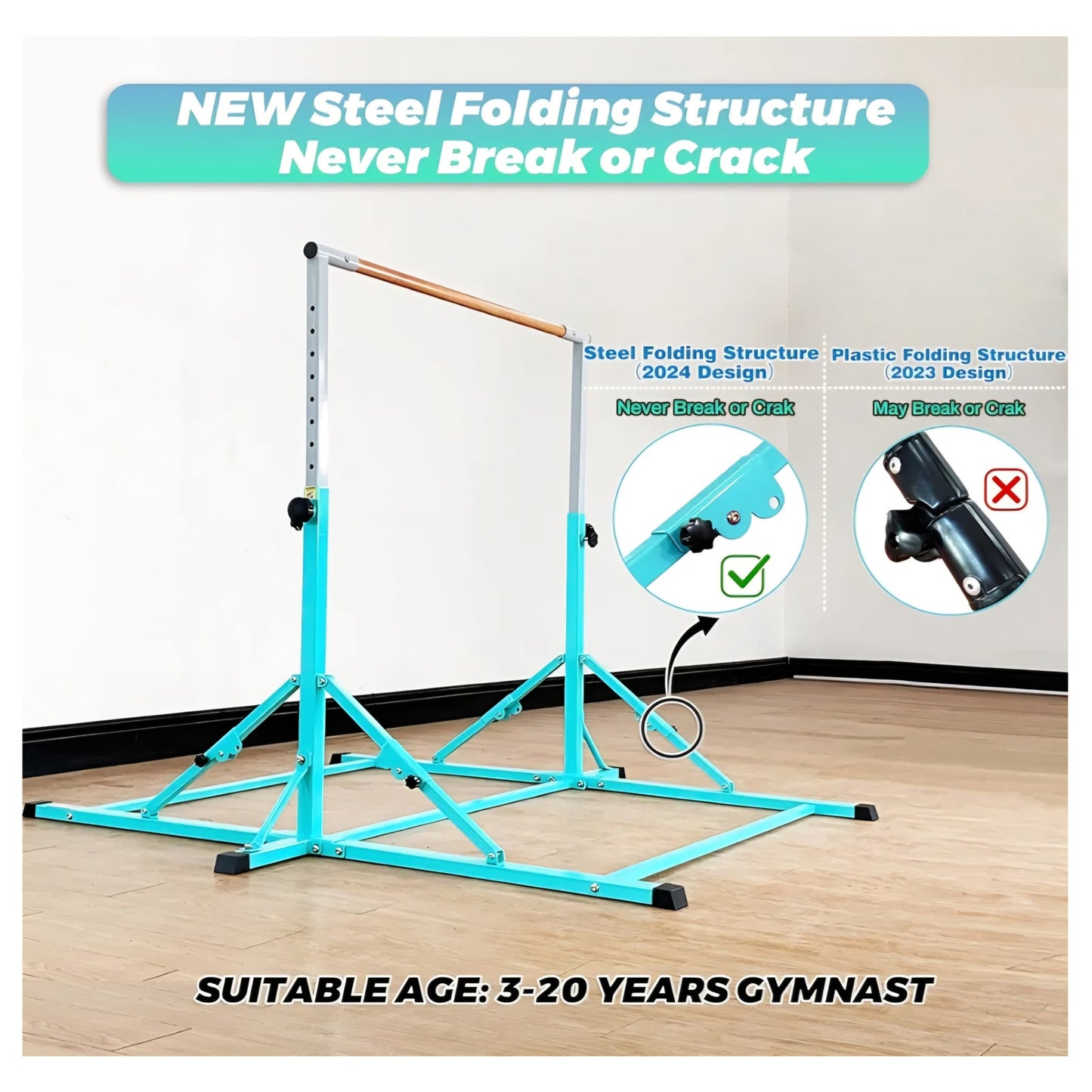 Gymnastic Bar for Kid and Teenage Ages 3-25, 5 FT / 6 FT Base Length, 5 FT / 6 FT Heigh