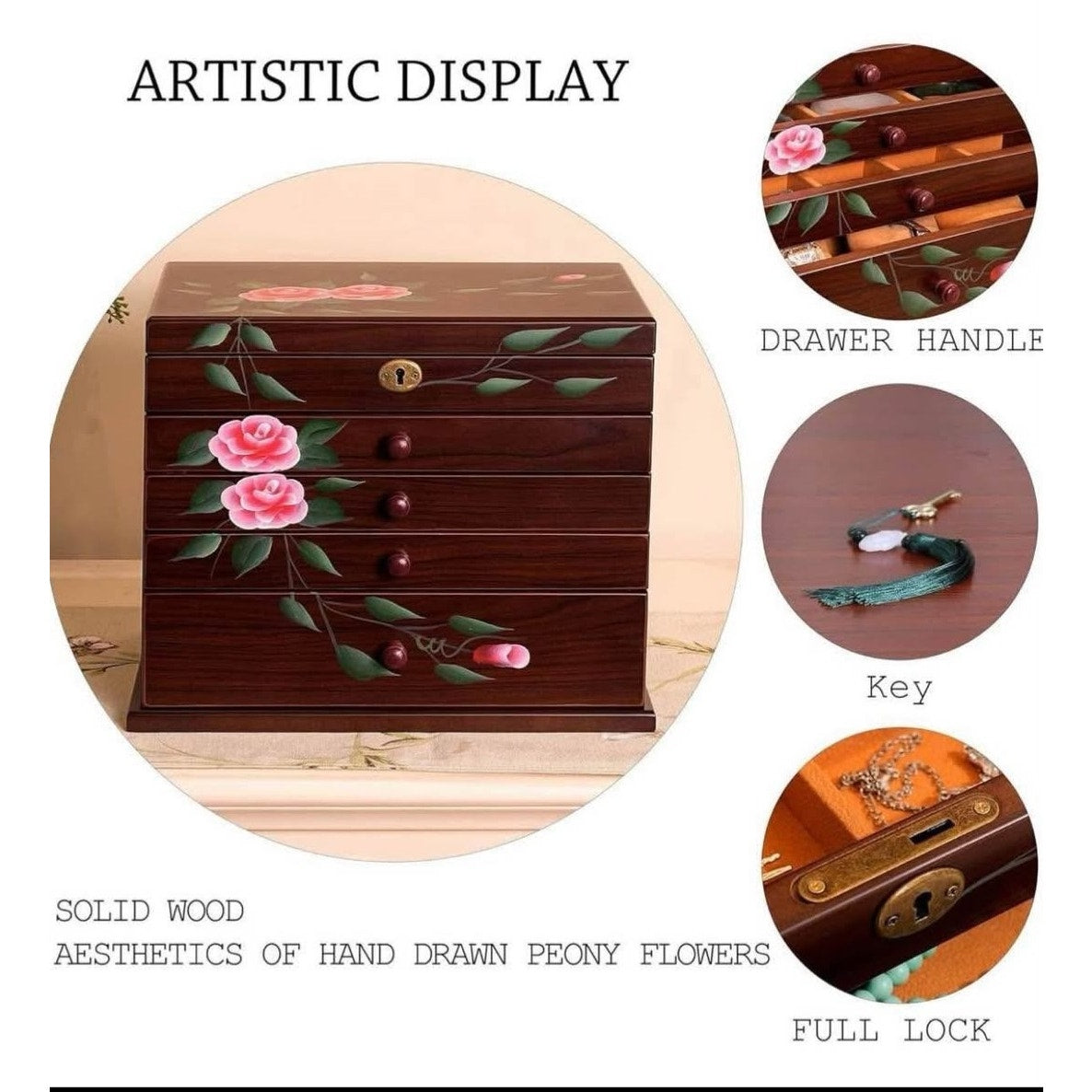 Jewelry Box Wood for Women, 5-Layer Hand-Paint jewelry holder organizer with necklace hanger,