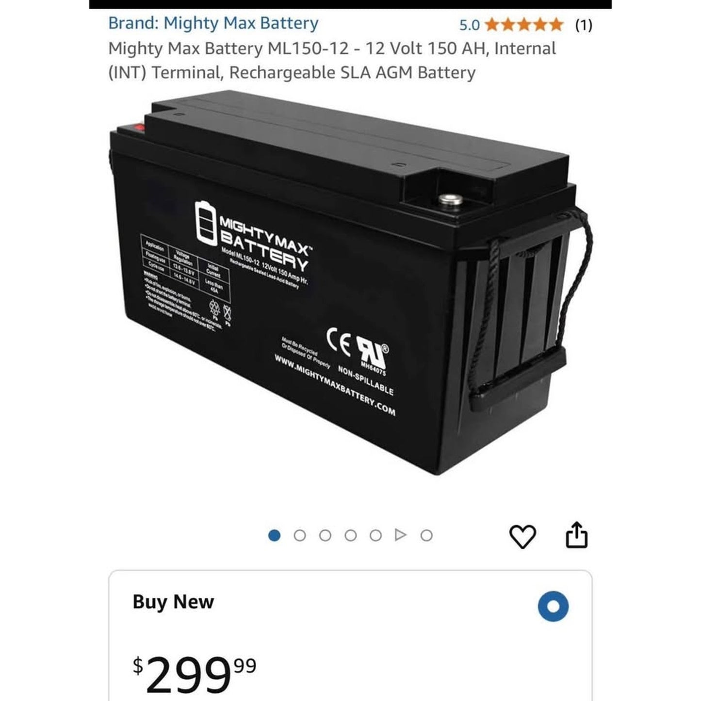Mighty Max Battery ML150-12 - 12 Volt 150 AH, Internal (INT) Terminal, Rechargeable SLA AGM Battery