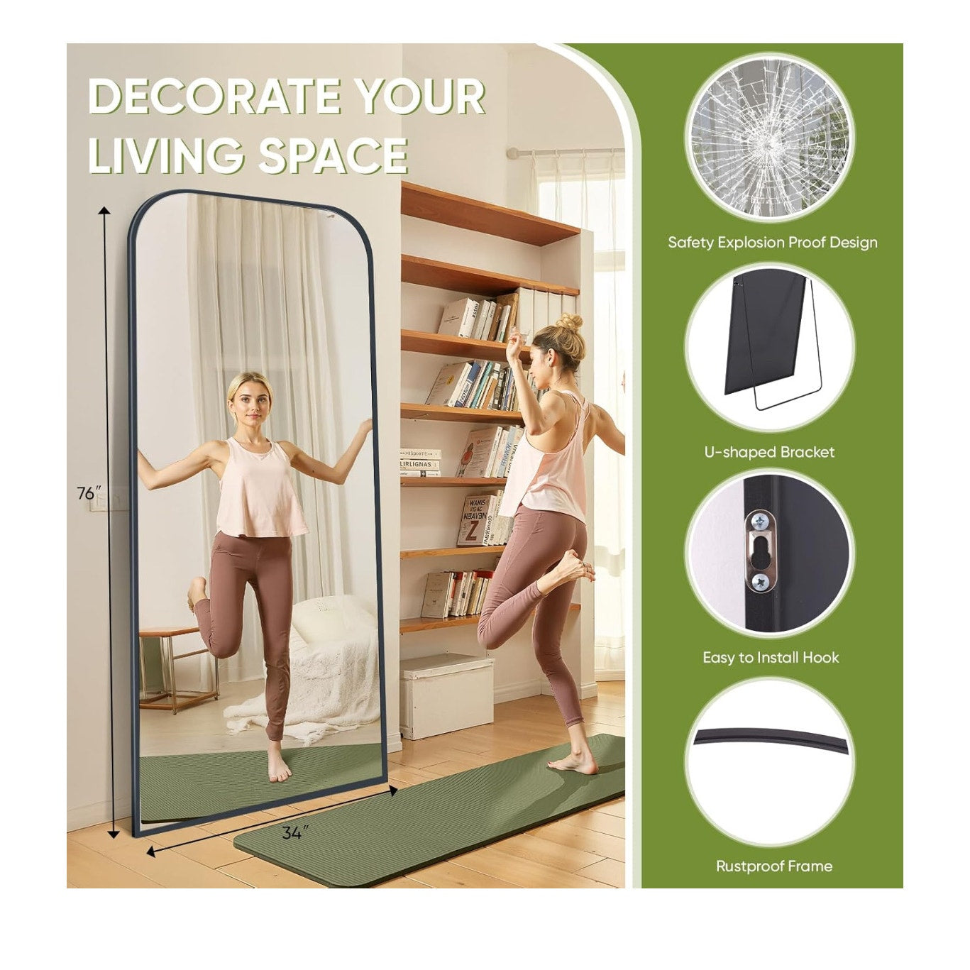 Full Length Mirror with Stand 76"x34" Floor Mirror Freestanding, Arched