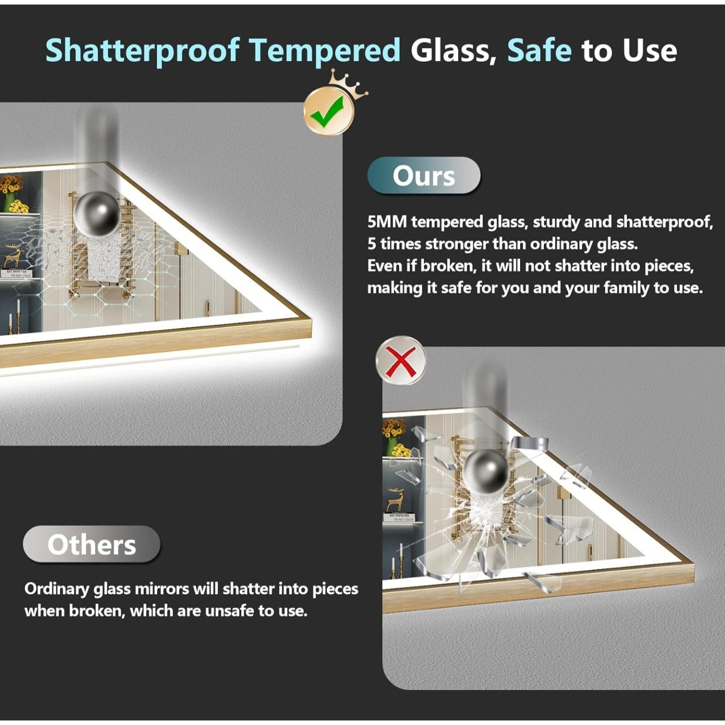 84x32 Gold Framed LED Bathroom Mirror with Lights, Backlit + Front Lit, Anti-Fog Lighted Vanity