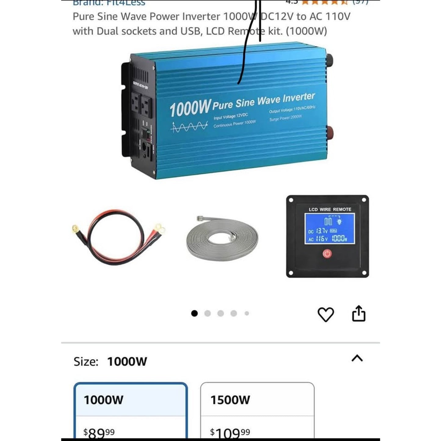 Pure Sine Wave Power Inverter 1000W DC12V to AC 110V with Dual sockets and USB, LCD Remote kit. (100