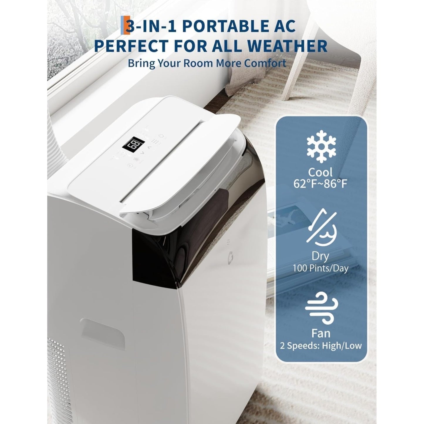 14,000 BTU Portable Air Conditioner - Cools 750 Sq.Ft, 3-in-1 Portable AC (ASHRAE) Dehumidifier Fan, Remote Control Window Kit, Quiet Portable Air Conditioners for Bedroom 48dB for Home, Office