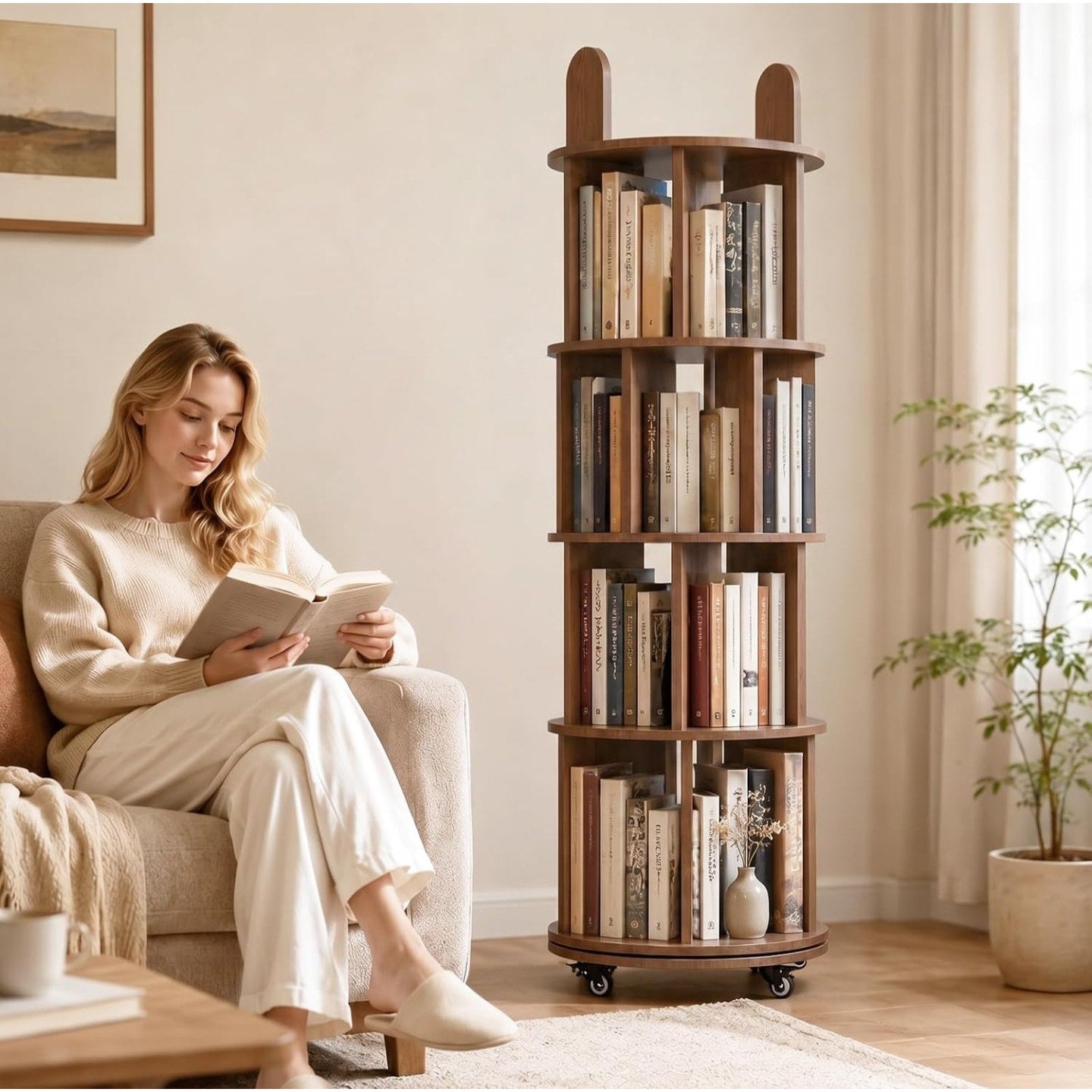 Kryonix Rotating Bookshelf, Solid Wood 4 Tier Spinning Book Shelf Tower, 360° Revolving Bookcase