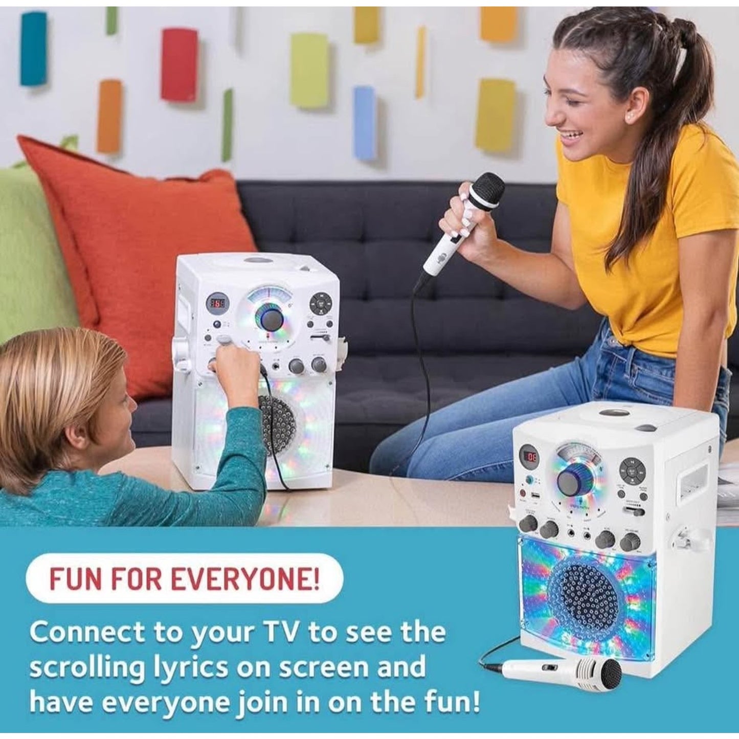 Singing Machine Portable Karaoke Machine for Adults & Kids with Wired Microphone, White - Built-In S