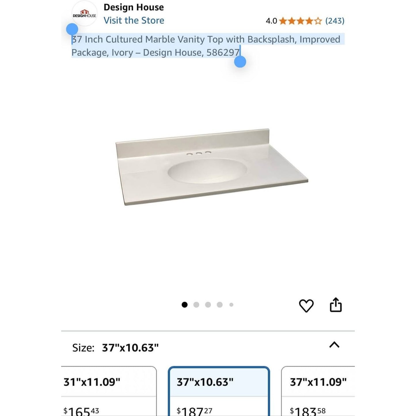 37 Inch Cultured Marble Vanity Top with Backsplash, Improved Package, Ivory – Design House,