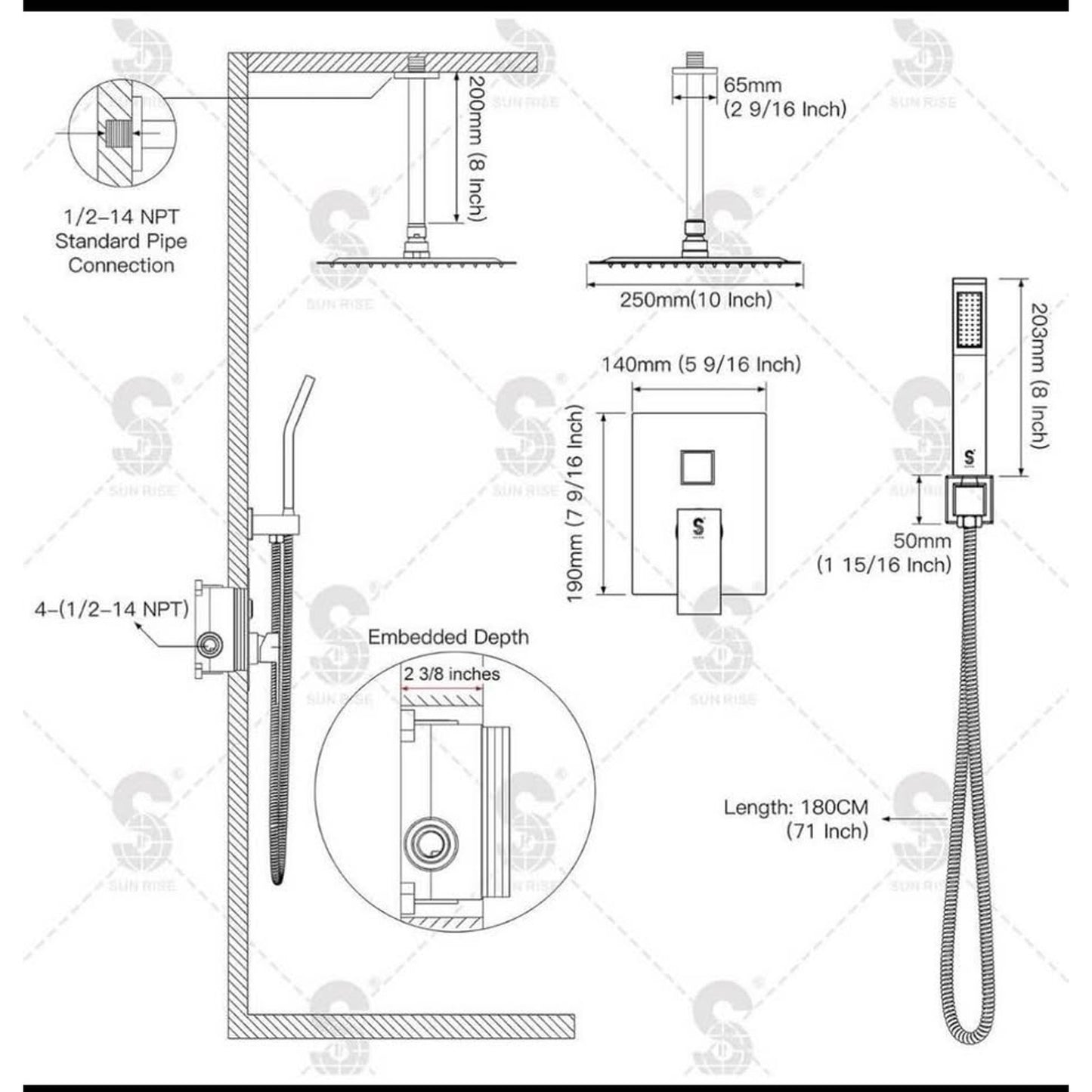 SR SUN RISE 10 Inch Ceiling Mounted Shower System Rain Mixer Shower Combo Set Rainfall Shower Head S