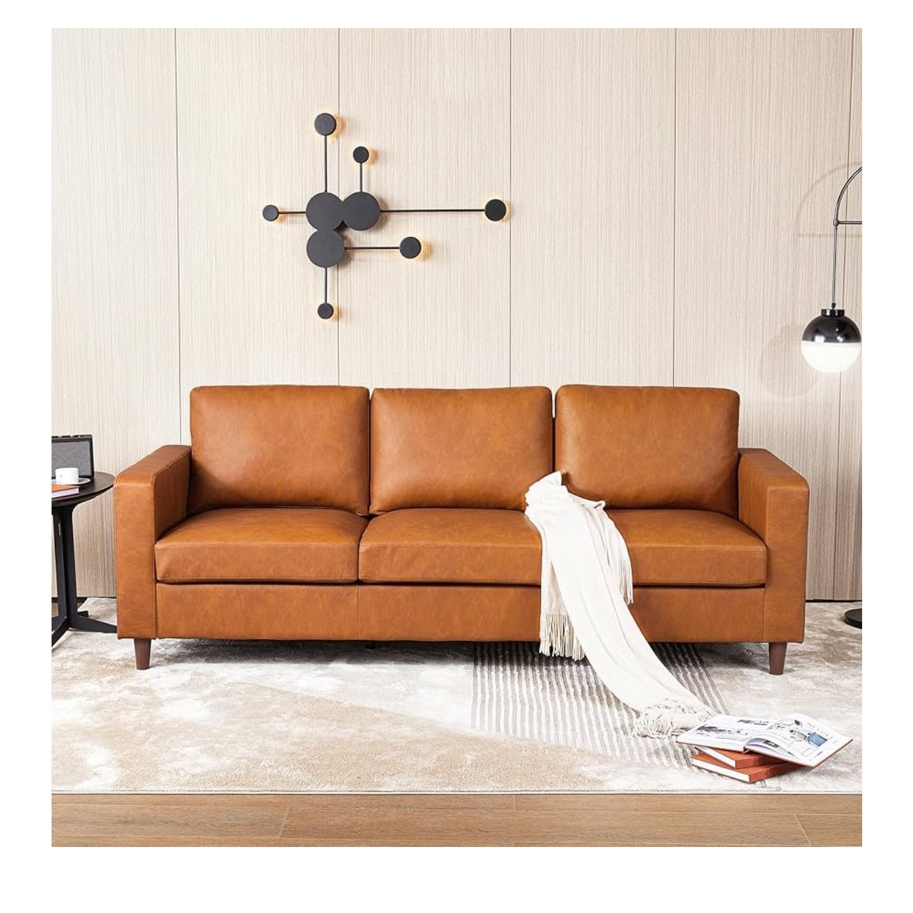 Leather Sofa, 85" Mid-Century Modern Couch, 3-Seater Sofa
