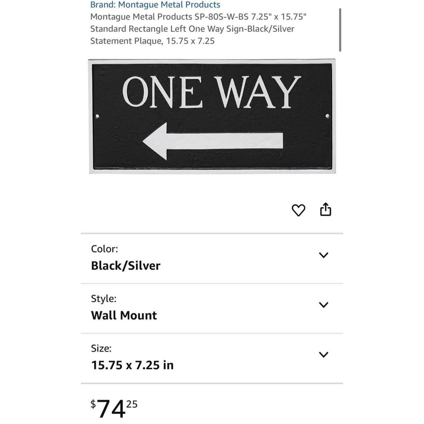 Montague Metal Products SP-80S-W-BS 7.25" x 15.75" Standard Rectangle Left One Way Sign-Black/Silver