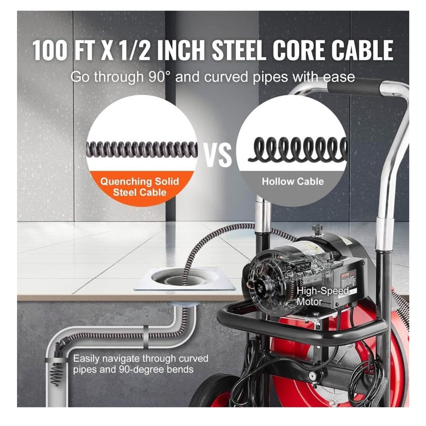 VEVOR Drain Cleaner Machine 100FT x 1/2 Inch, Auto Feed Sewer Snake Auger on Wheels, 550W Portable D
