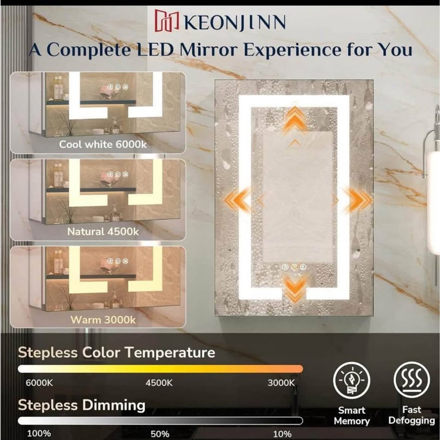 Keonjinn 24 x 32 Lighted Medicine Cabinet with Defogger and Outlets, Medicine Cabinet with Lights 3