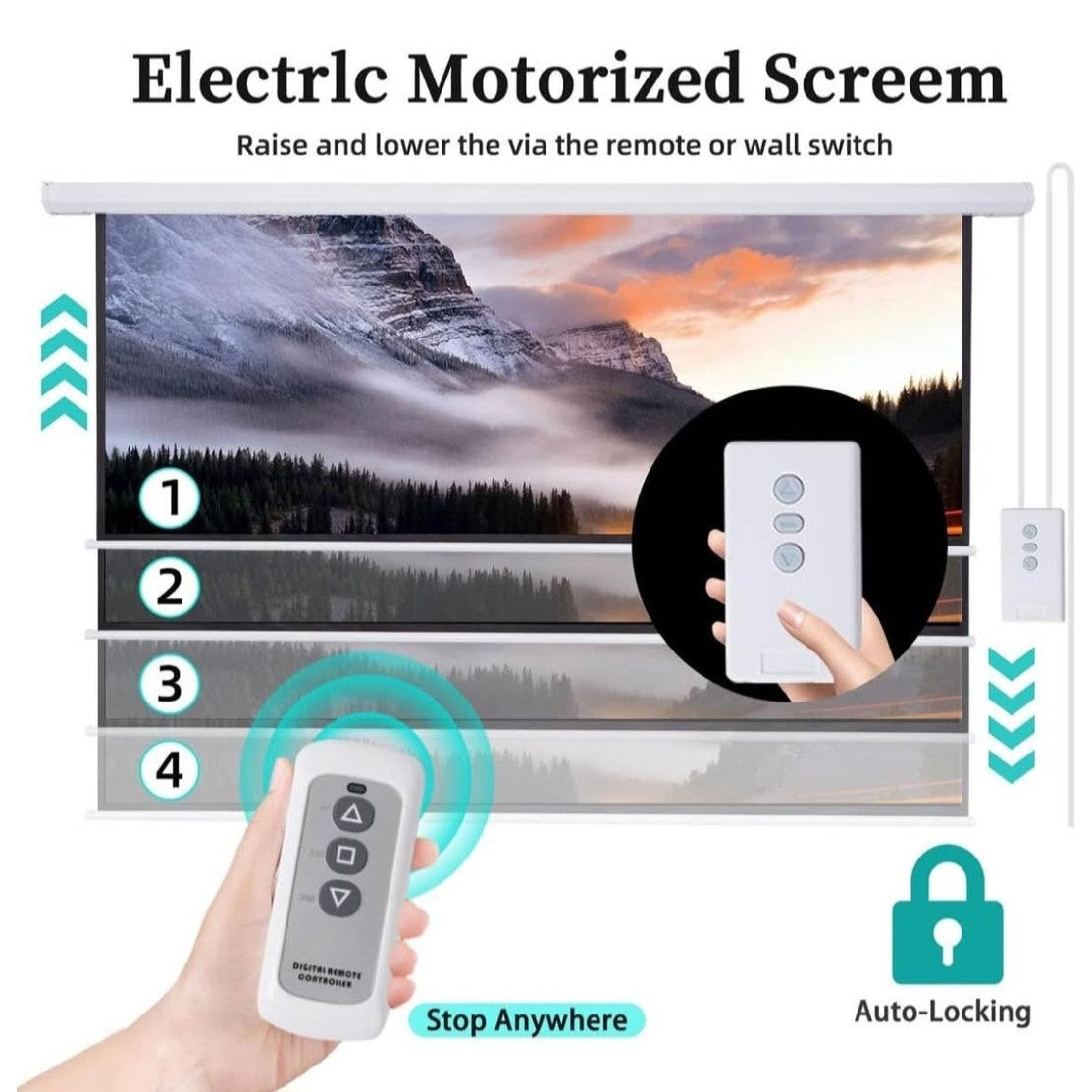 Pull Down Projector Screen Motorized 84 Inch 16:9 HD Electric Small Projector Screen Portable