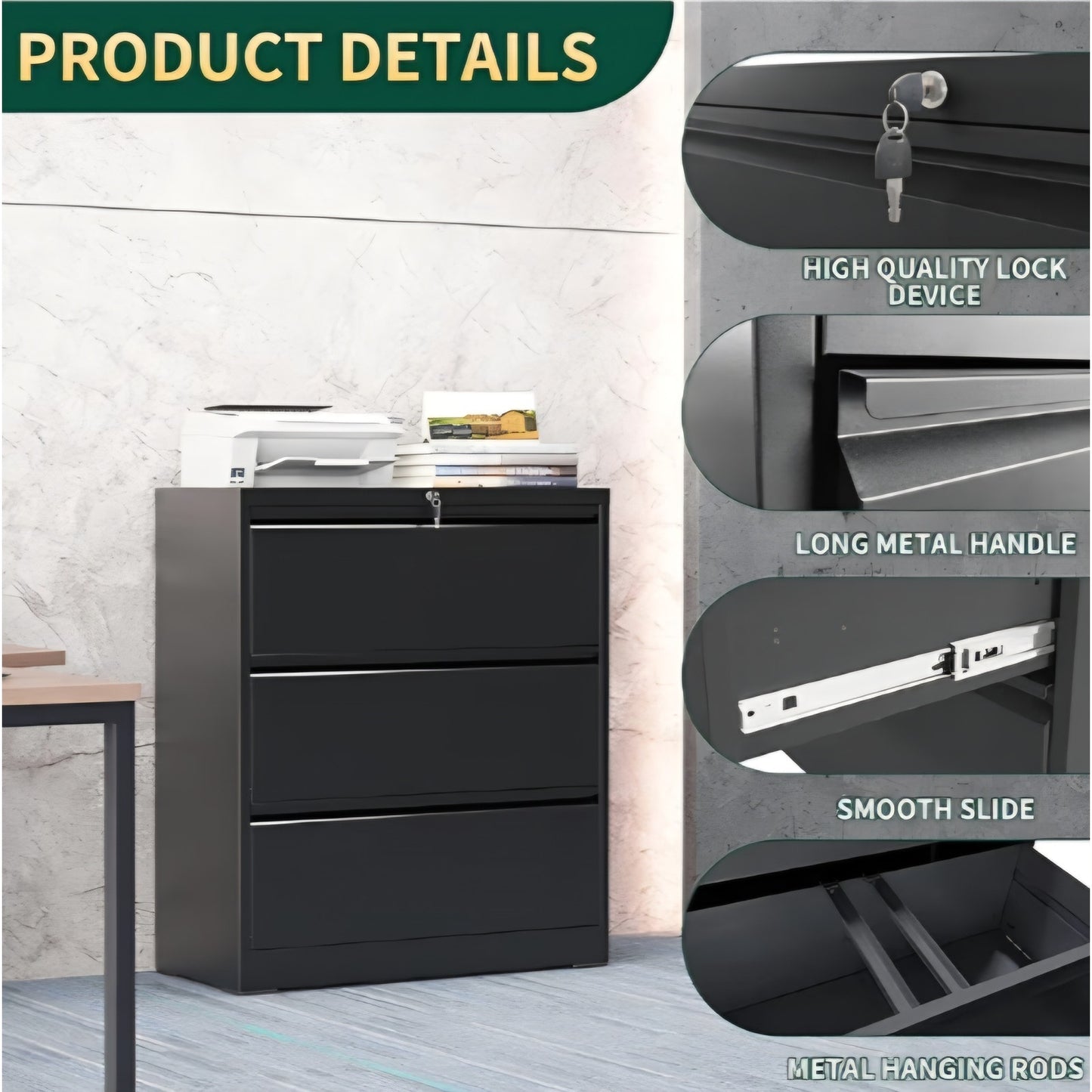 3 Drawer Lateral File Cabinet with Lock, Metal File Cabinets for Home Office